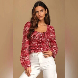 Lulu’s Lovely Wishes Red Floral Print Long Sleeve Crop Peasant Top